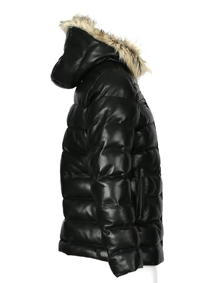 Mens Jeremiah Puffer Leather Jacket with Fur Hoodie Black