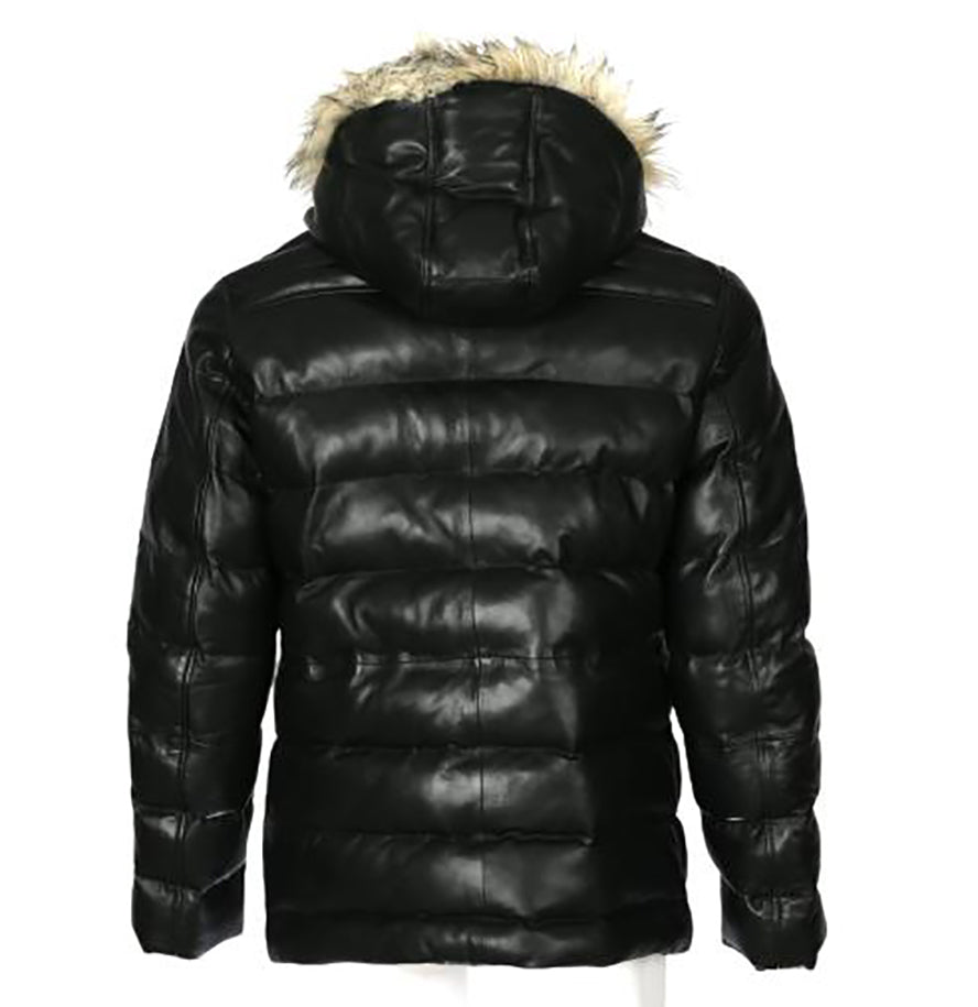 Mens Jeremiah Puffer Leather Jacket with Fur Hoodie Black