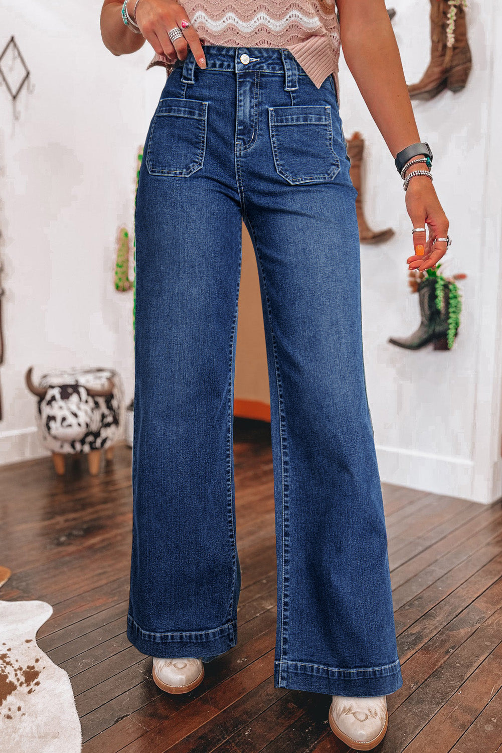 Victoria Wide Leg Pocketed High Waist Jeans-0