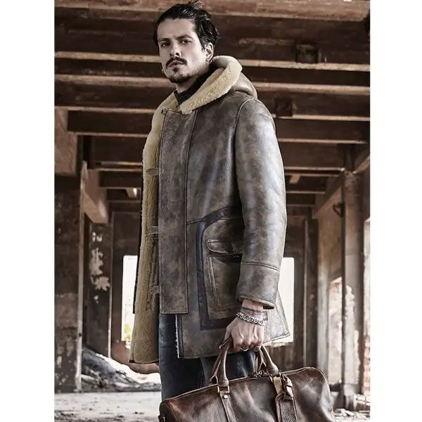 Sheepskin Coat Long Leather Jacket Hooded Fur Coat Mens Winter Coat - M