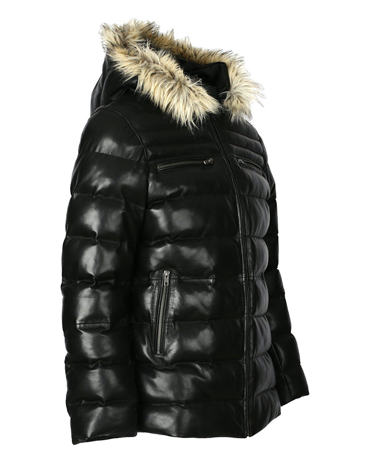Mens Jeremiah Puffer Leather Jacket with Fur Hoodie Black