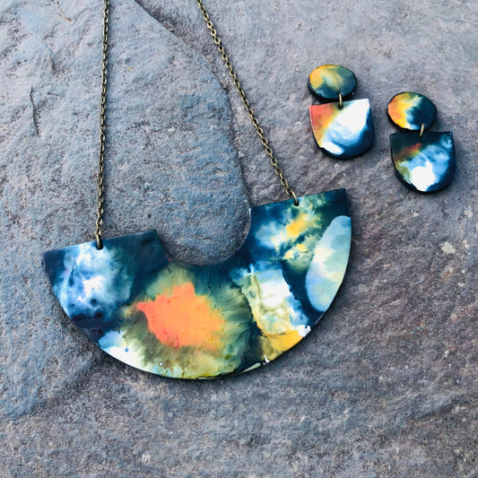 Abstract Alcohol Ink Jewelry Set in Black, White Yellow Orange, Fluid Art Jewelry-0