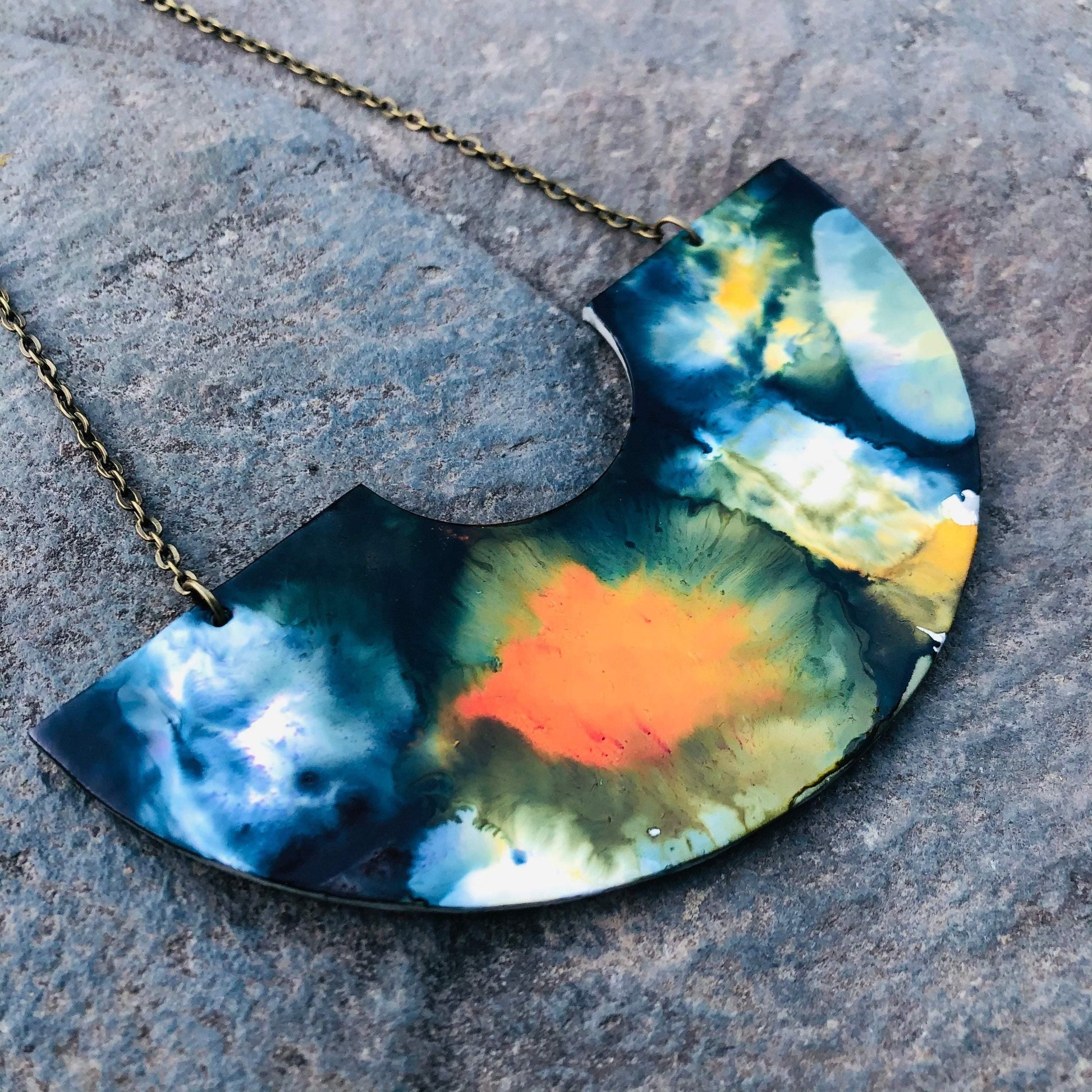 Abstract Alcohol Ink Jewelry Set in Black, White Yellow Orange, Fluid Art Jewelry-1