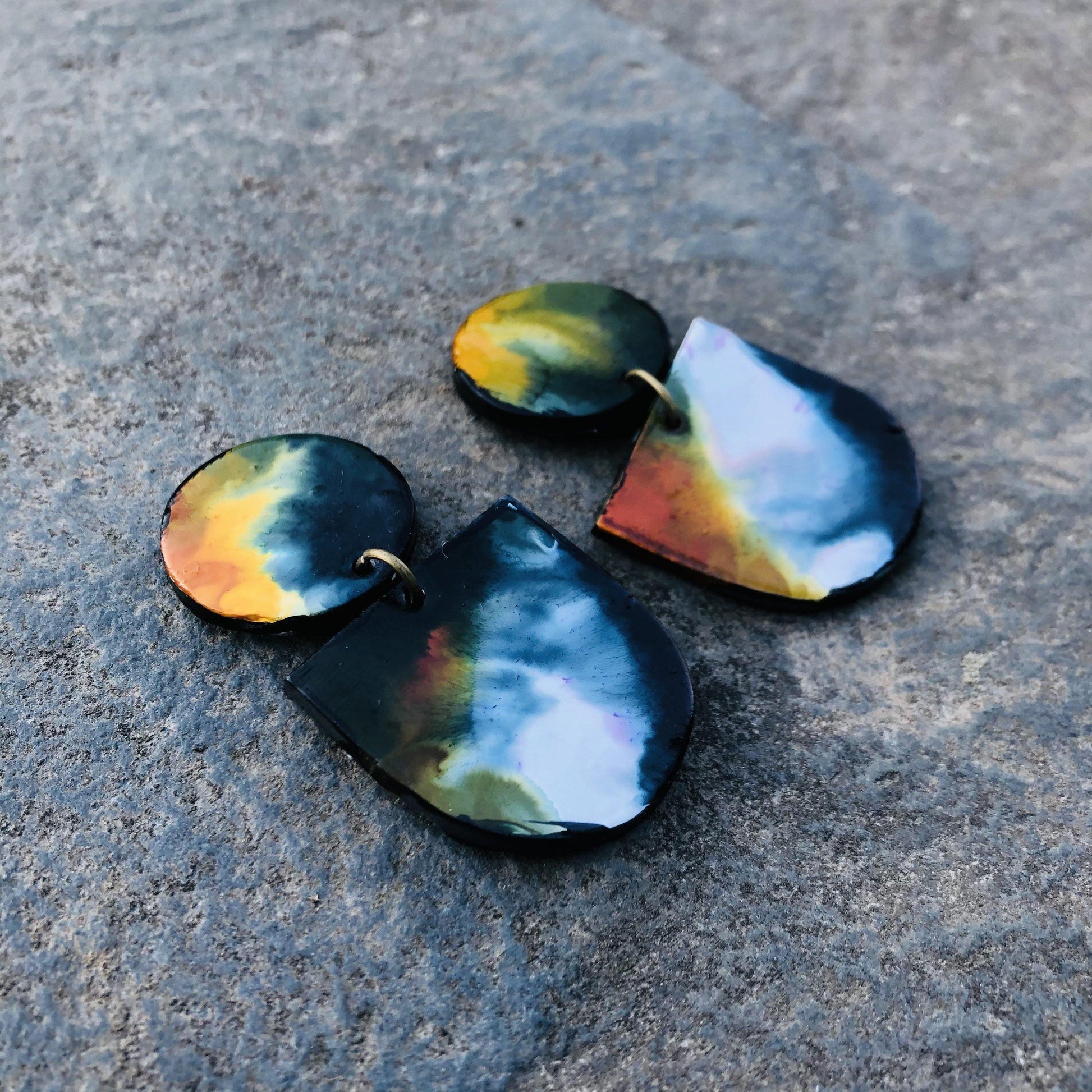 Abstract Alcohol Ink Jewelry Set in Black, White Yellow Orange, Fluid Art Jewelry-4