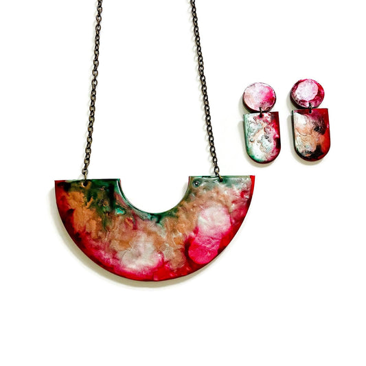Abstract Alcohol Ink Jewelry Set in Red, Gree, Silver, Copper. Fluid Art Jewelry-0