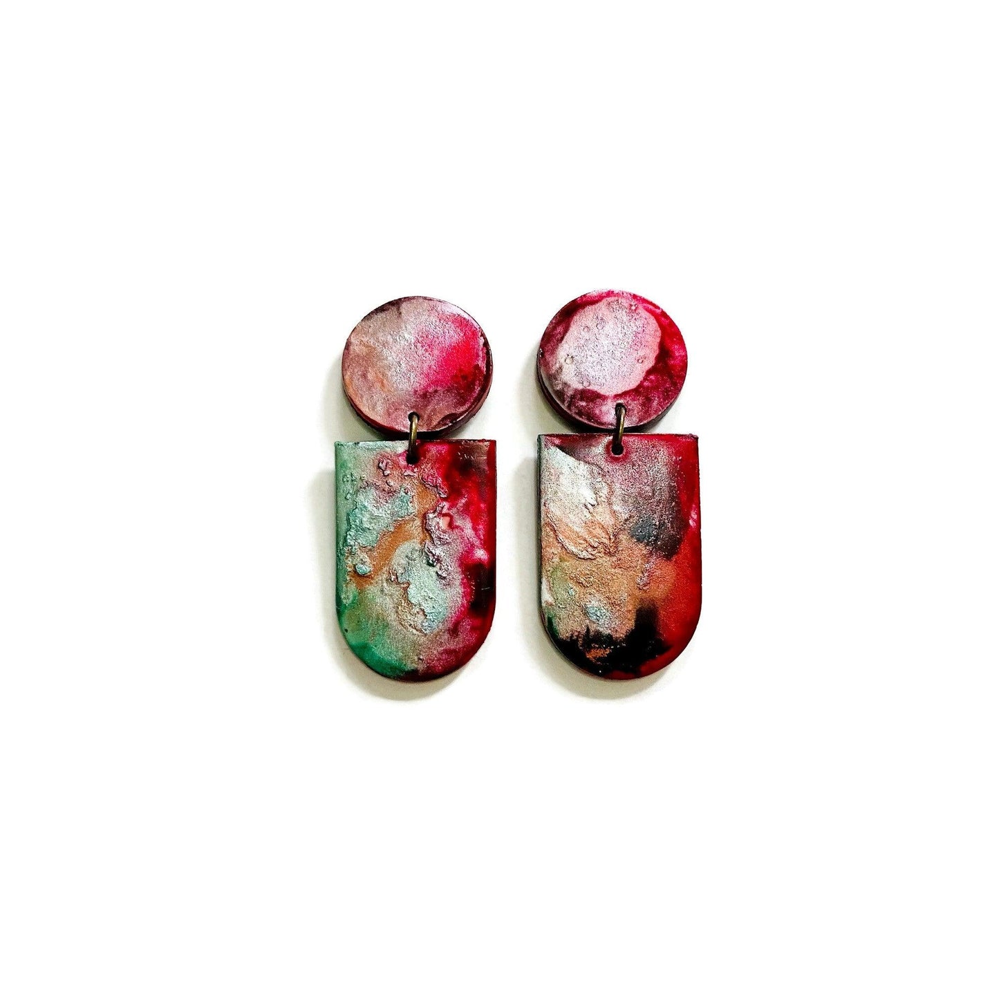 Abstract Alcohol Ink Jewelry Set in Red, Gree, Silver, Copper. Fluid Art Jewelry-4