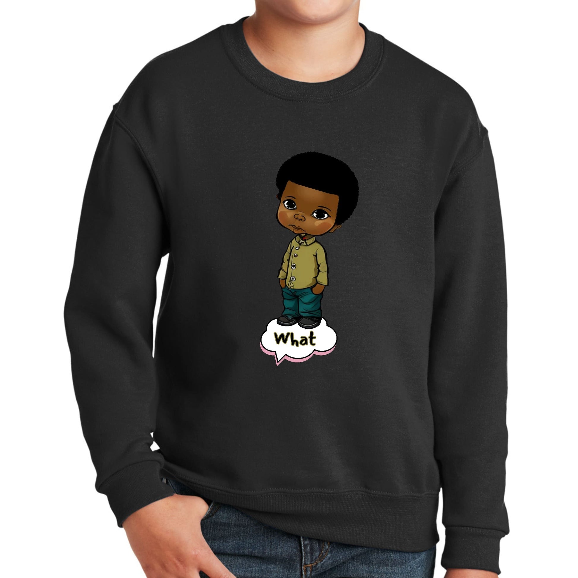 Youth Graphic Sweatshirt - what - African American Boy Illustration Art-0