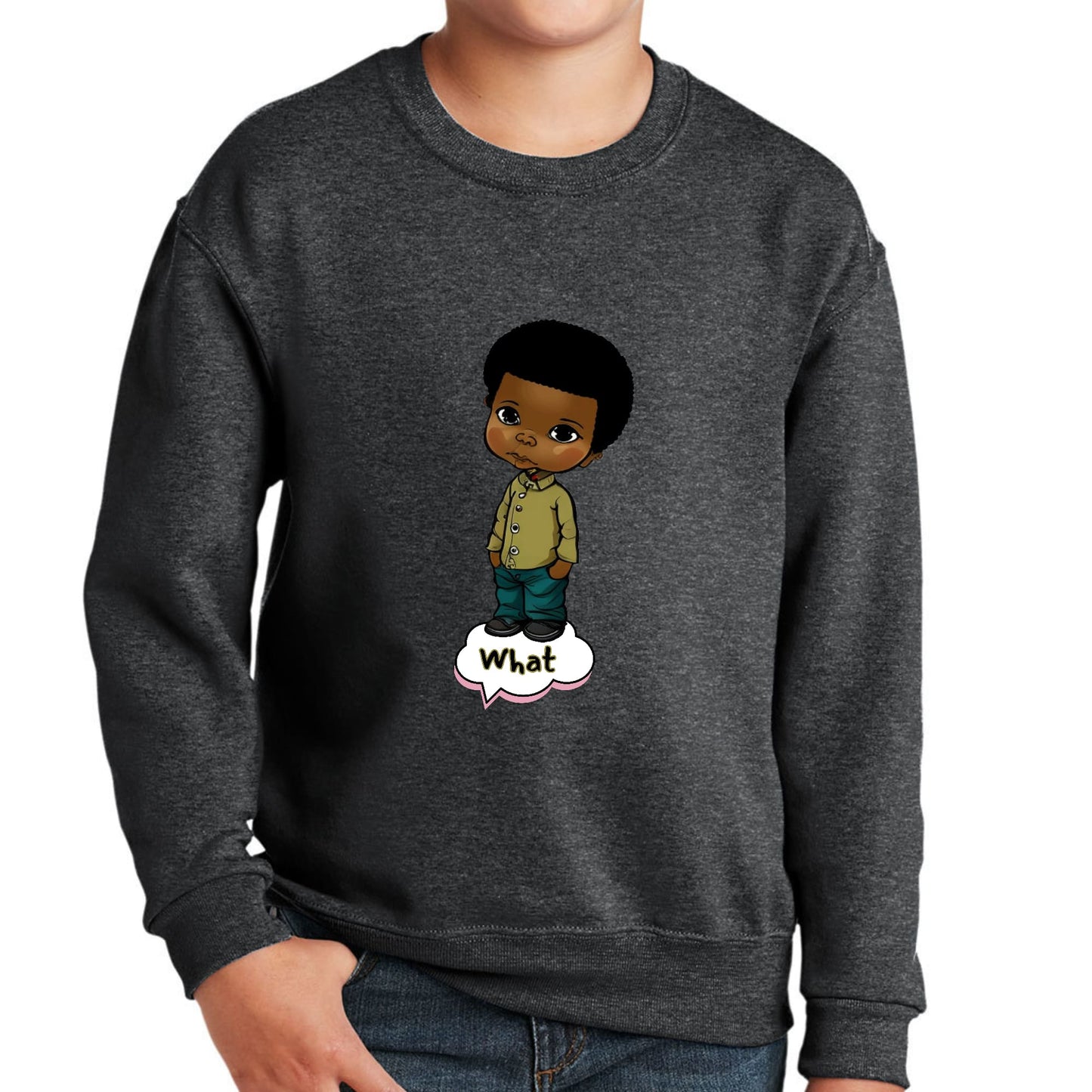 Youth Graphic Sweatshirt - what - African American Boy Illustration Art-6