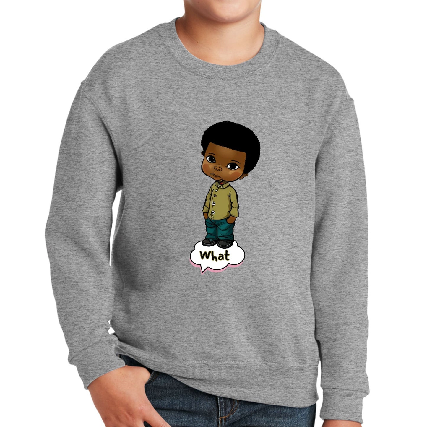 Youth Graphic Sweatshirt - what - African American Boy Illustration Art-4